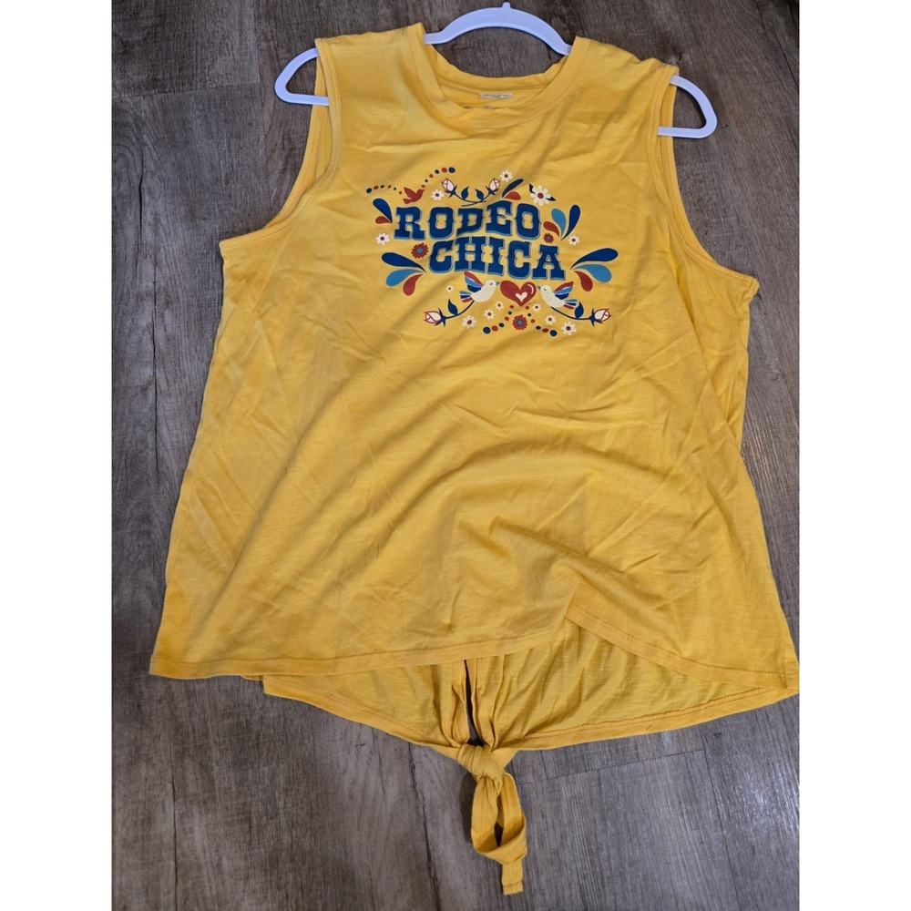 Ariat Rodeo Chica Graphic Tie Front Tank Top Yellow Cotton Relaxed Fit M